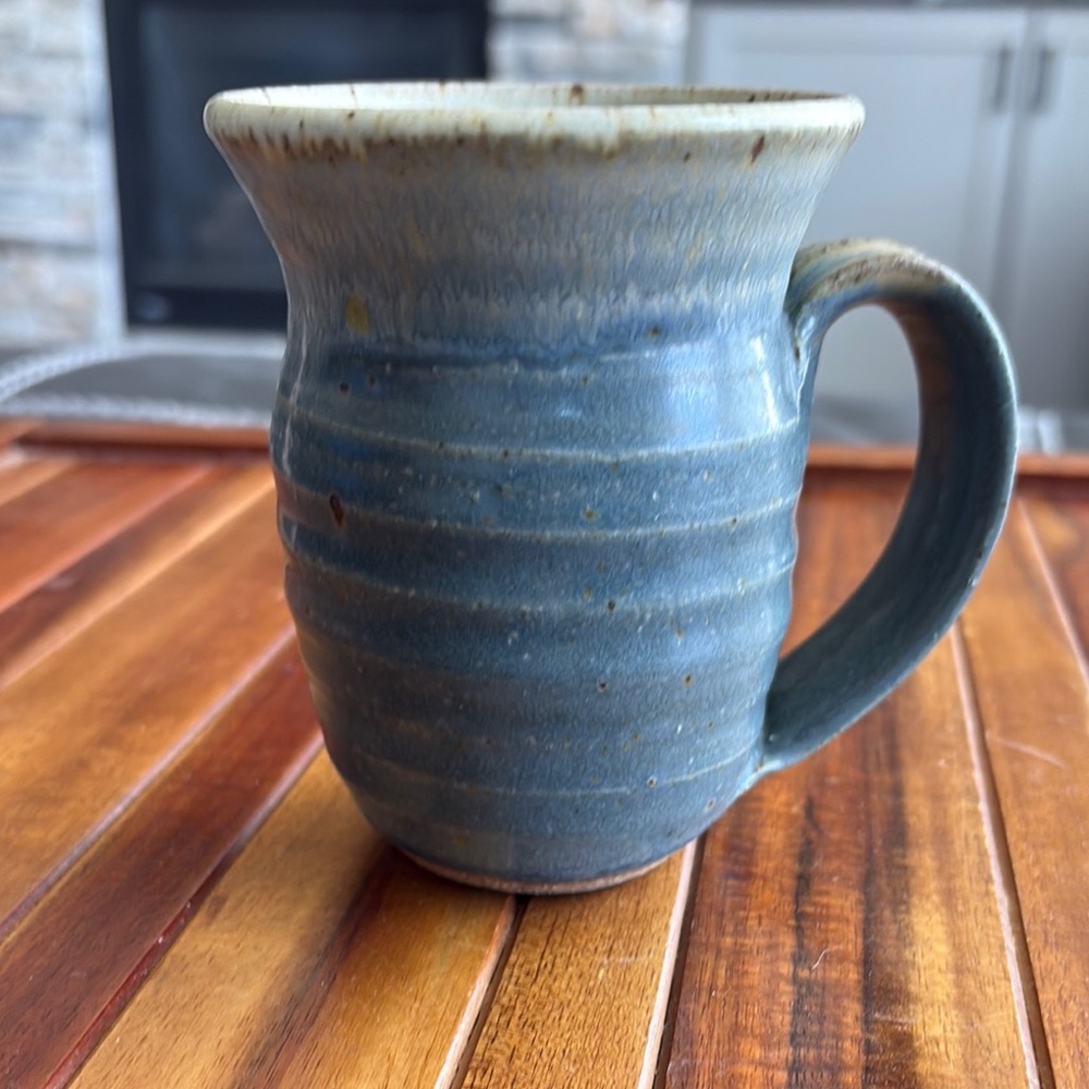 Two Tone Blue Gray Beige Studio Pottery Mug Signed. Planter